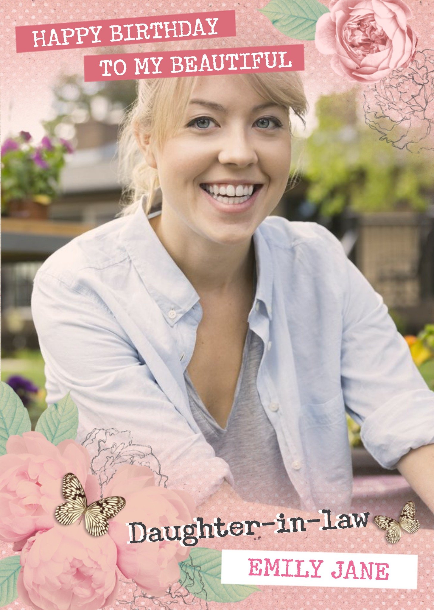 Moonpig Pink Roses With Butterflies Personalised Photo Upload Happy Birthday Card For Daughter-In-La