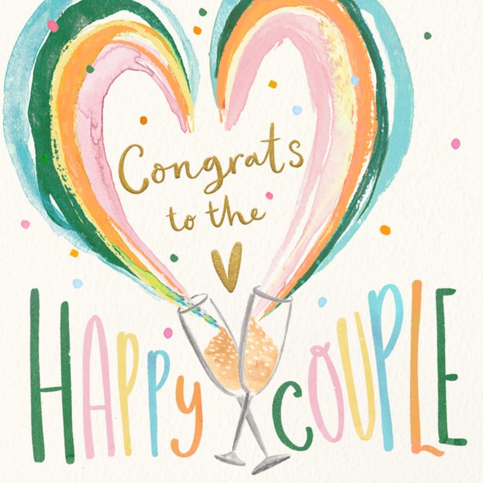 Watercolour Heart And Champagne Glasses Congrats To The Happy Couple Card