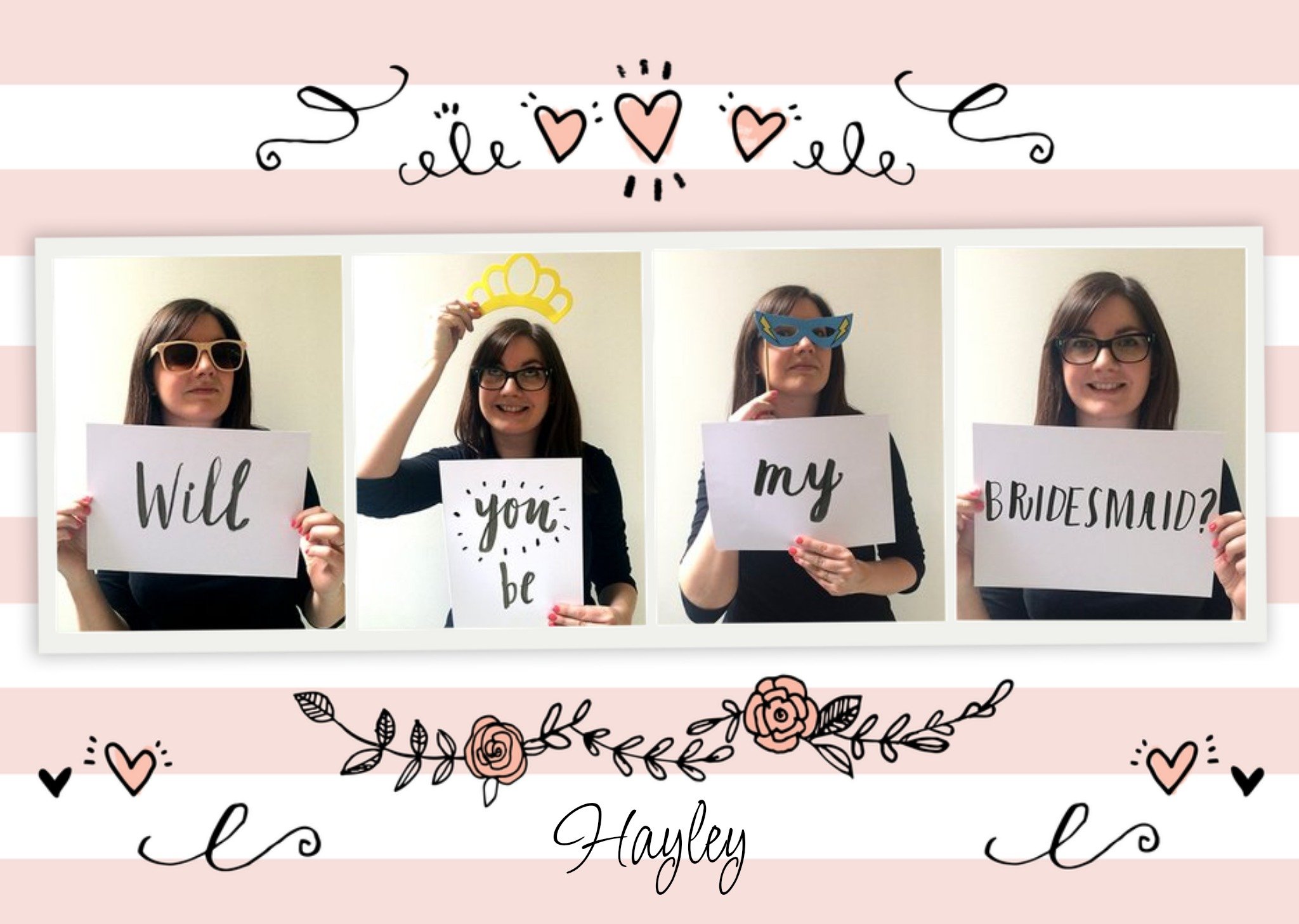 Moonpig Stripes And Hearts Personalised Photo Upload Will You Be My Bridesmaid Card
