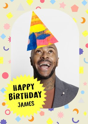 Vibrant Katt Jones Brushstrokes Party Hat And Multi-Coloured Shapes Icons In The Background Photo Upload Birthday Card