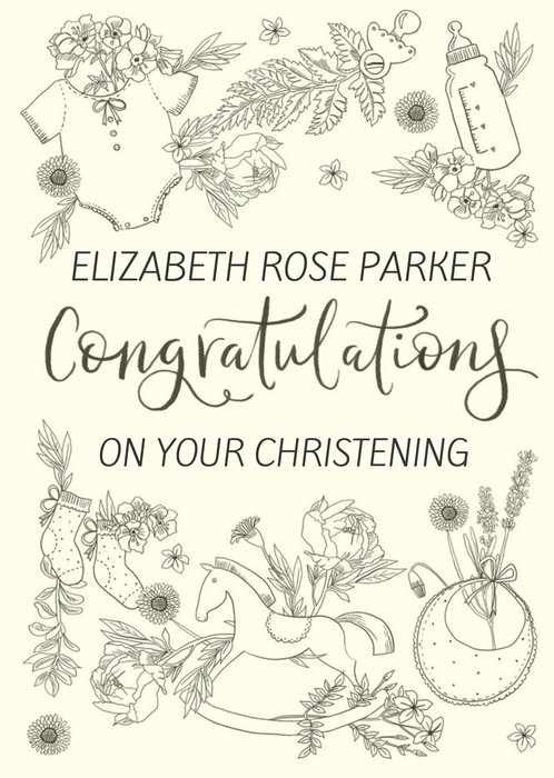 Okey Dokey Design Line Drawing Christening Floral Cute Card