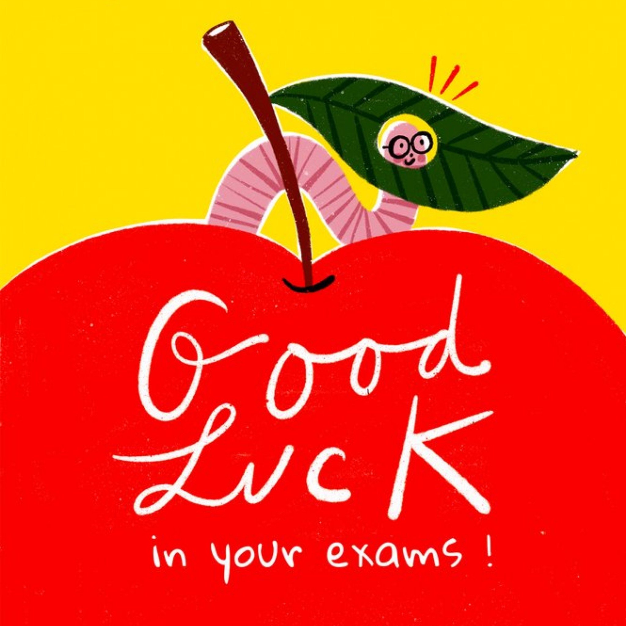 Moonpig Illustration Of A Book Worm On The Top Of A Red Apple Good Luck In Your Exams Card