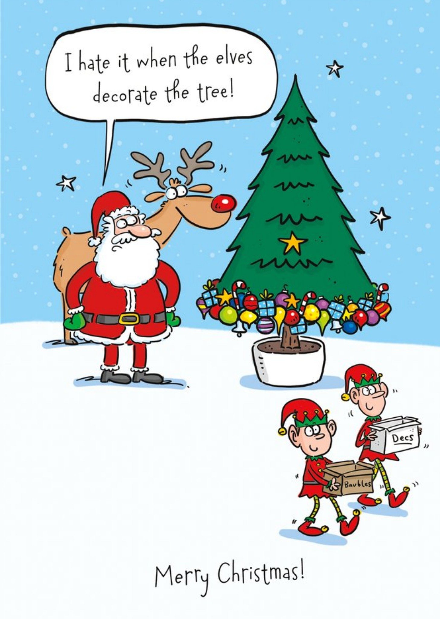 Moonpig Santa Angry As Elves Decorate Christmas Tree Merry Christmas Card