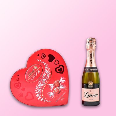 Lindt Milk Chocolate Truffles Heart Box 200g & Lanson Rose 20cl Gift Set