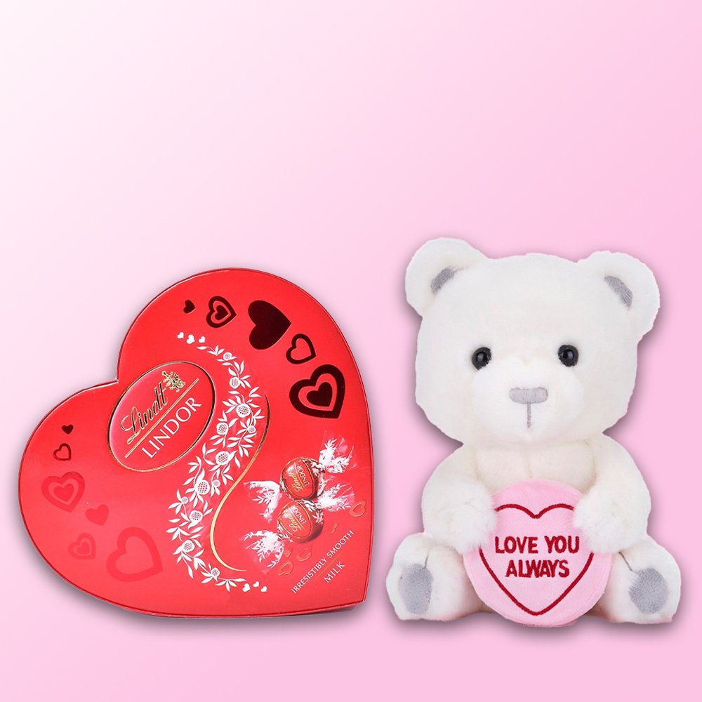 Lindor Lindt Milk Chocolate Truffles Heart Box 200G & Love Hearts Love You Always Bear Gift Set