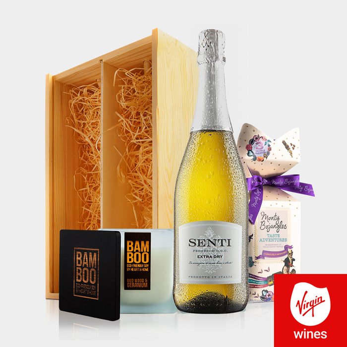 Virgin Wines Prosecco, Chocolates & Candle in Wooden Gift Box
