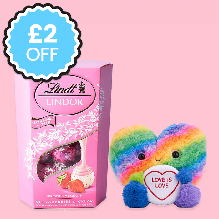 Swizzels Love Hearts 18cm Rainbow Love is Love & Lindt Strawberries and Cream Chocolate Truffles (200g)