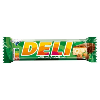 Obrázek ORION DELI oříšková, tyčinka s lískovými ořechy a karamelem máčená v hořké polevě, 35g