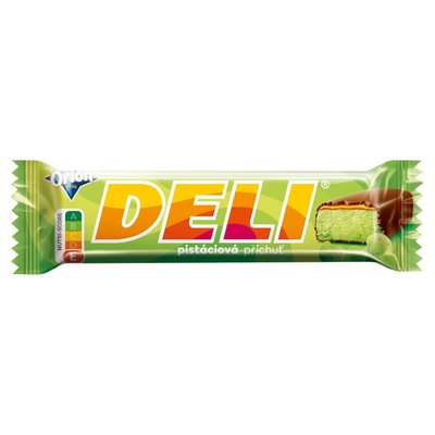 Obrázek ORION DELI s pistáciovou příchutí, tyčinka s příchutí pistácií a karamelem máčená v hořké polevě 35g