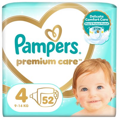 Obrázek Pampers Premium Care Velikost 4, 52 Dětské Plenky, 9kg-14kg