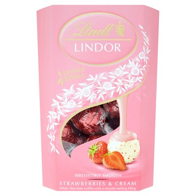 Obrázek Lindt Lindor Bílá čokoláda s kousky jahod a smetanou s jemnou krémovou náplní 200g