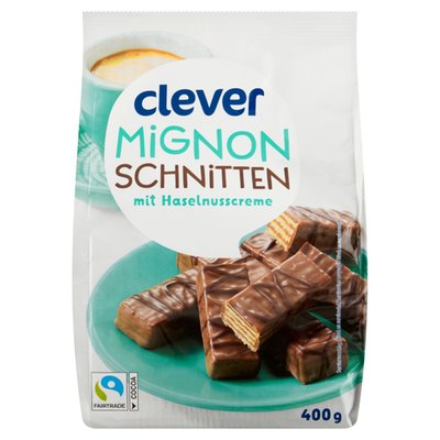 Obrázek clever Oplatky plněné lískooříškovou náplní máčené v mléčné čokoládě s čokoládovou dekorací 400g