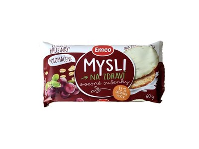 Obrázek Ovesné sušenky s kanadskými brusinkami, polomáčené v jogurtové polevě, bez palmového tuku.