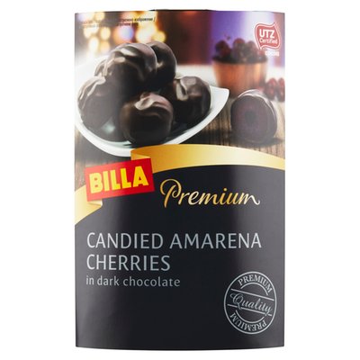 Obrázek BILLA Premium Kandované třešně Amarena v hořké čokoládě 125g