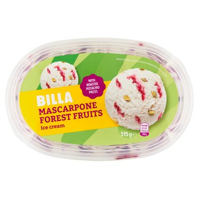 Obrázek BILLA Mražený krém s mascarpone s polevou z lesního ovoce posypaný kousky pražených pistácií 900ml