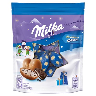 Obrázek Milka Oreo bonbony, mléčná čokoláda s mléčnou náplní a kousky Oreo sušenky 86g