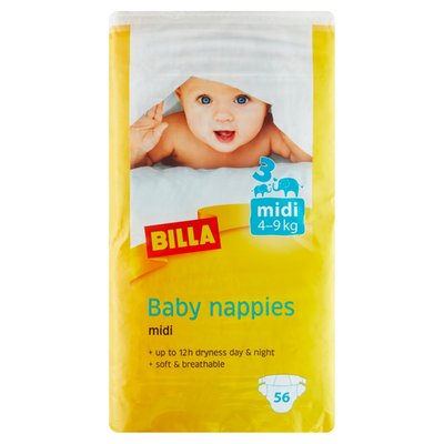 Obrázek BILLA Dětské jednorázové plenky 3 midi 4-9 kg 56 ks