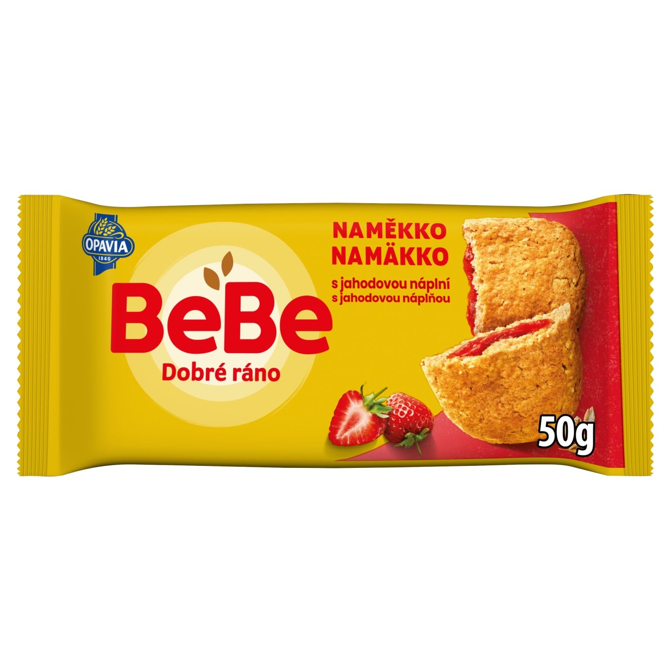 Opavia BeBe Dobré ráno s jahodovou náplní sušenky s 5 celozrnnými cereáliemi balení 50 g