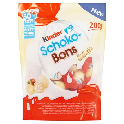 Obrázek Kinder Schoko-Bons White bonbony formované z bílé čokolády s mléčnou náplní a lískovými oříšky 200g