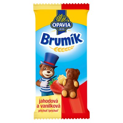 Obrázek Opavia Brumík Duo jahoda a vanilková příchuť Jemné pečivo Bez konzervantů Individuální balení 30 g