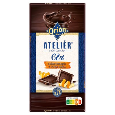Obrázek ORION ATELIÉR Extra hořká čokoláda 68% pomeranč se skořicí 100g