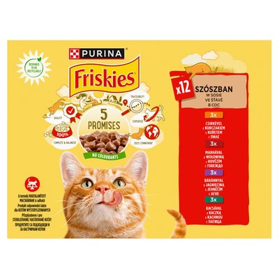 Obrázek PURINA FRISKIES multipack s kuřetem, hovězím, jehněčím, kachnou ve šťávě 12 x 85g