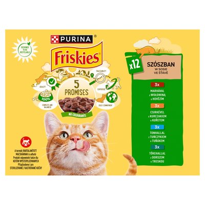 Obrázek PURINA FRISKIES multipack s hovězím, kuřetem, tuňákem, treskou ve šťávě 12 x 85g 