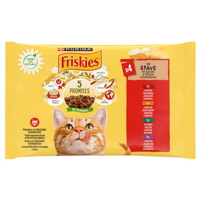 Obrázek PURINA FRISKIES multipack s hovězím, kuřetem, jehněčím, kachnou ve šťávě 4 x 85g