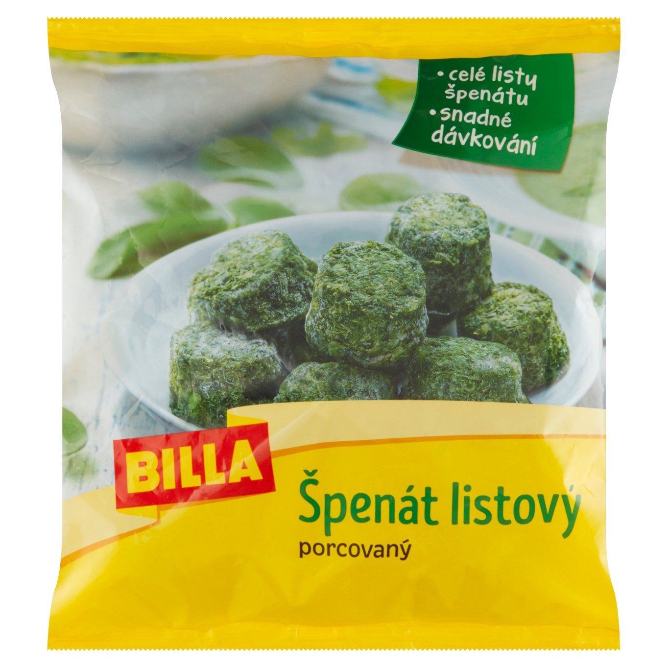Czech Republic product data sample: BILLA Špenát listový porcovaný hluboce zmrazený 450g