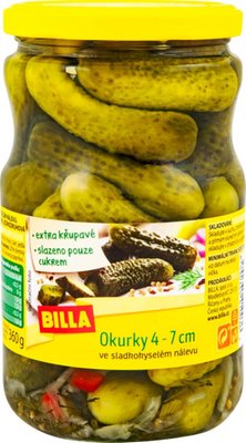 Obrázek BILLA Okurky ve sladkokyselém nálevu 4-7 cm 670g