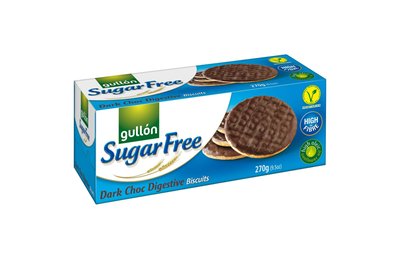 Obrázek Gullón Digestive Dark Choc Celozrnné pšeničné sušenky polomáčené v tmavé čokoládě, se sladidlem, bez cukrů 270g