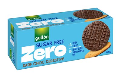 Obrázek Gullón Digestive Dark Choc Celozrnné pšeničné sušenky polomáčené v tmavé čokoládě, se sladidlem, bez cukrů 270g