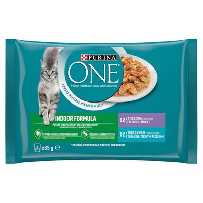 Obrázek Purina ONE Indoor kapsičky pro kočky tuňák, telecí ve šťávě 4 x 85g
