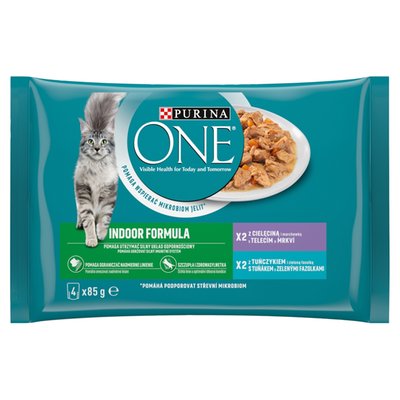 Obrázek Purina ONE Indoor kapsičky pro kočky tuňák, telecí ve šťávě 4 x 85g
