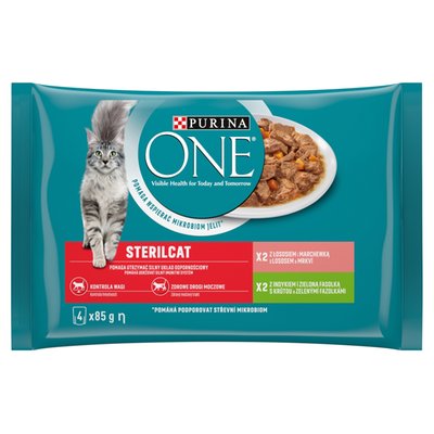 Obrázek Purina ONE Sterilised kapsičky pro kočky krůta, losos ve šťávě 4 x 85g