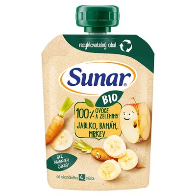 Obrázek Sunar BIO ovocná kapsička jablko, banán, mrkev 4m+, 100g 
