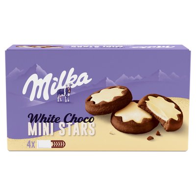 Obrázek Milka sušenky White Choco Mini Stars kakaové, mléčná náplň a bílá čokoláda 150g