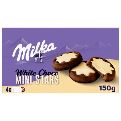 Obrázek Milka White Choco Mini Stars sušenky kakaové s mléčnou náplní polomáčené bílou čokoládou 150 g