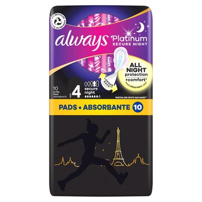 Obrázek Always Platinum Secure Night (Size 4) Sanitary Towels With Wings 10 Pads