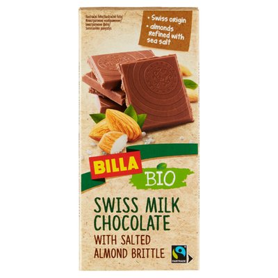 Obrázek BILLA BIO Švýcarská mléčná čokoláda s karamelizovanými kousky solených mandlí 100g