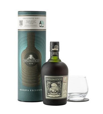 Obrázek Dárkové balení Rum Diplomático Reserva Exclusiva Tuba 0,7L se skleničkou a tvořítkem na led.