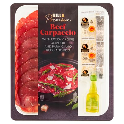 Obrázek BILLA Premium Hovězí carpaccio s extra panenským olivovým olejem a se sýrem Parmigiano Reggiano 100g