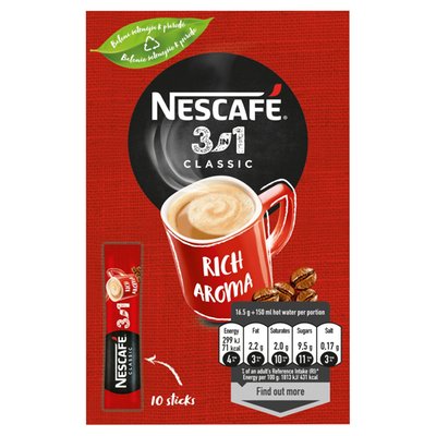 Obrázek NESCAFÉ 3in1 Classic, instantní káva, 10 sáčků x 16,5g (165g)