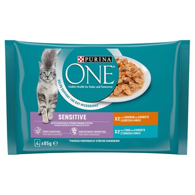 Obrázek PURINA ONE SENSITIVE Mini filetky s kuřetem a mrkví ve šťávě, s tuňákem a mrkví ve šťávě 4 x 85g