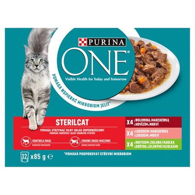Obrázek Purina ONE Sterilised kapsičky pro kočky hovězí, losos, krůta ve šťávě 12 x 85g