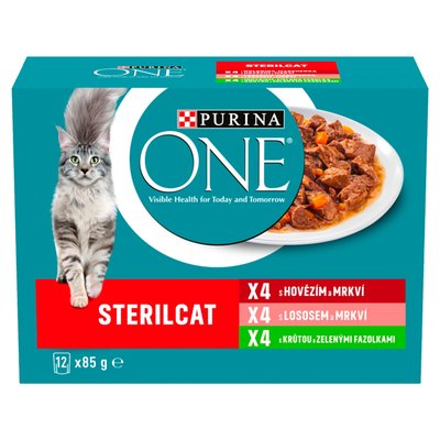 Obrázek Purina ONE Sterilised kapsičky pro kočky hovězí, losos, krůta ve šťávě 12 x 85g
