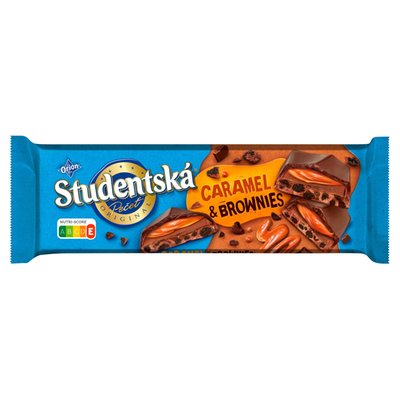 Obrázek ORION STUDENTSKÁ PEČEŤ čokoláda Caramel & Brownies, čokoláda s kakaovou a karamelovou náplní 240g