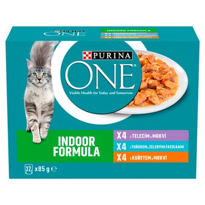 Obrázek Purina ONE Indoor kapsičky pro kočky kuře, tuňák, telecí ve šťávě 12 x 85g