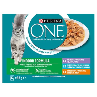 Obrázek PURINA ONE INDOOR Mini filetky s telecím a mrkví, s kuřetem a mrkví, s tuňákem a fazolkami 12 x 85g