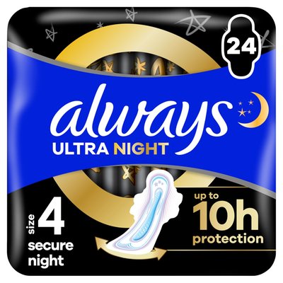 Obrázek Always, Ultra Secure Night (Velikost 4) Hygienické Vložky, Křidélka x 24, Vložky